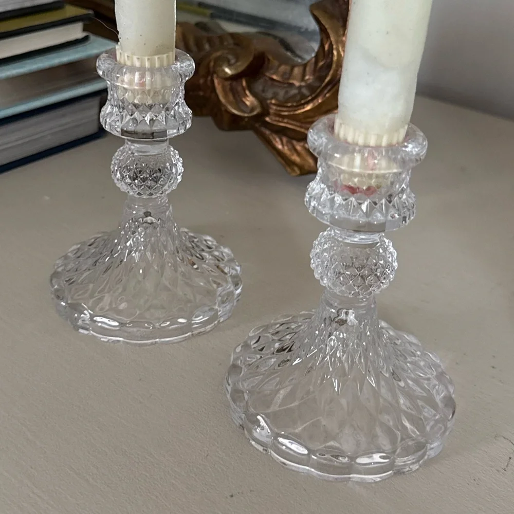 Set of 2  Vintage Glass Candlestick Holders in Clear - Elegant Home Accents